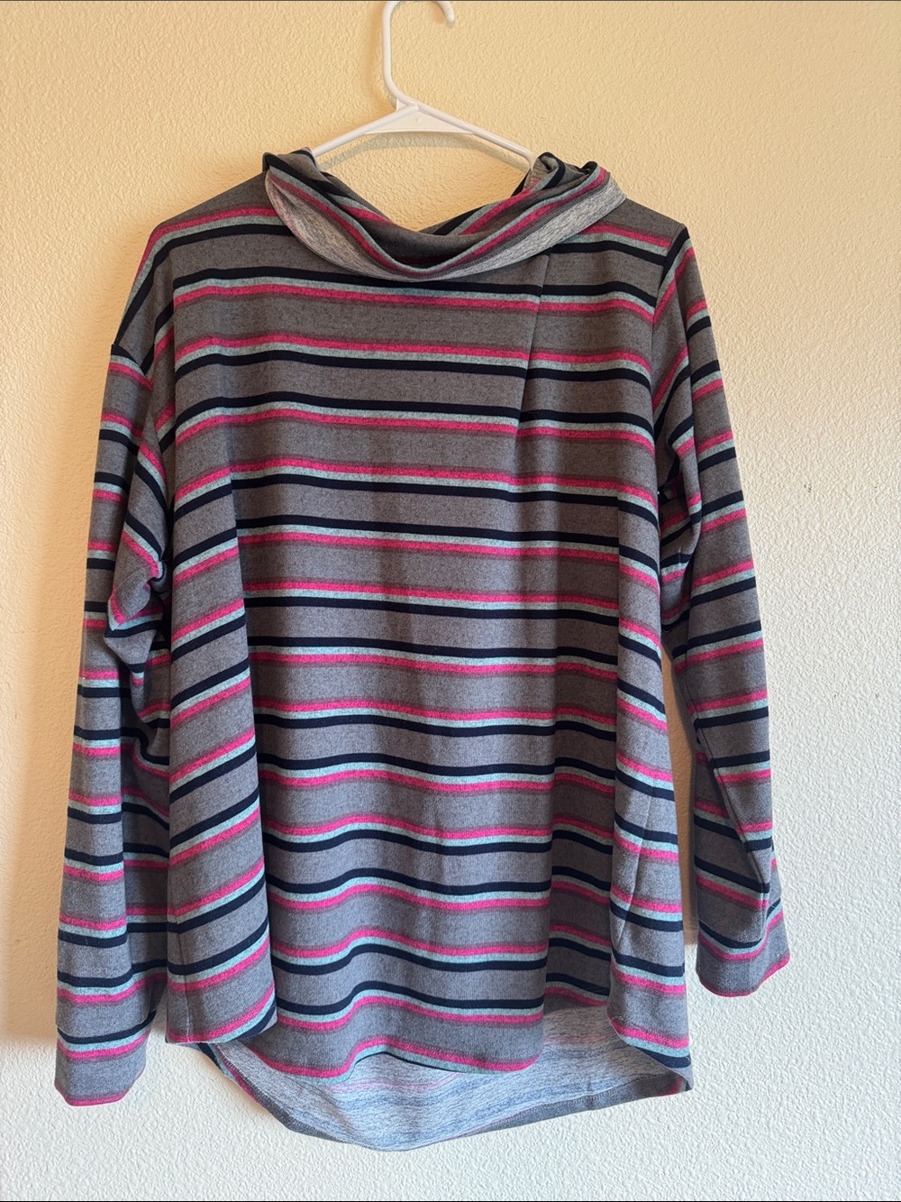 Lane Bryant Gray Striped Cowl Neck Top with Pink and Navy